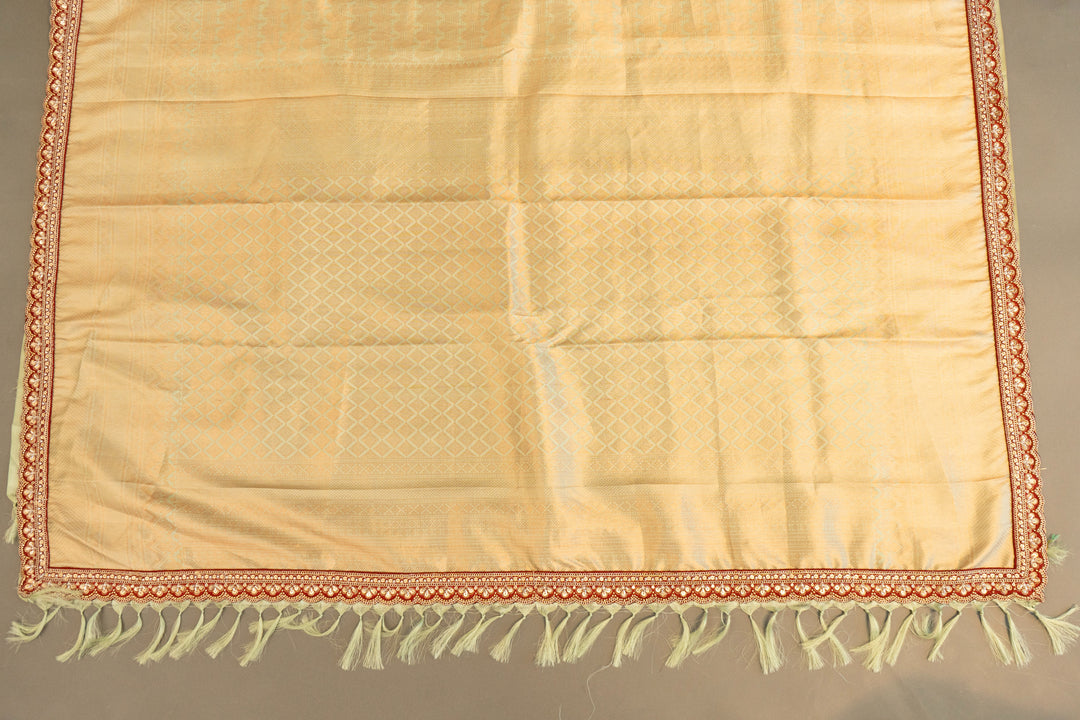 Pastel-Mint Kanchi Silk Saree With Antique-Zari And Deep-Maroon Embroidered Borders And Waist Belt