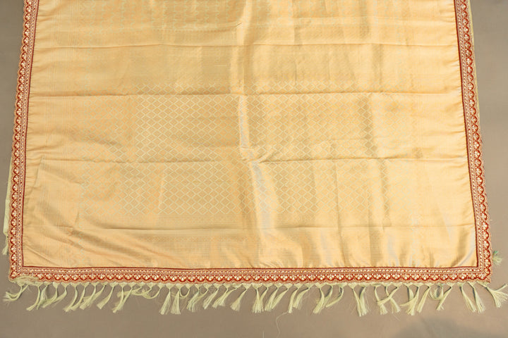 Pastel-Mint Kanchi Silk Saree With Antique-Zari And Deep-Maroon Embroidered Borders And Waist Belt