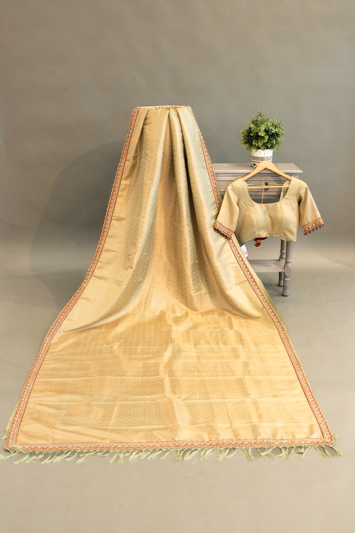 Pastel-Mint Kanchi Silk Saree With Antique-Zari And Deep-Maroon Embroidered Borders And Waist Belt