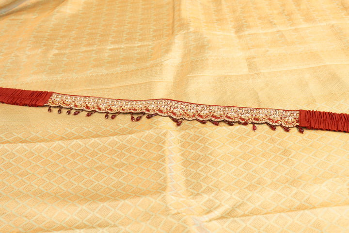Pastel-Mint Kanchi Silk Saree With Antique-Zari And Deep-Maroon Embroidered Borders And Waist Belt