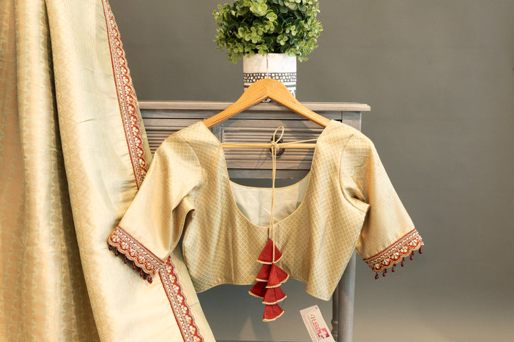 Pastel-Mint Kanchi Silk Saree With Antique-Zari And Deep-Maroon Embroidered Borders And Waist Belt