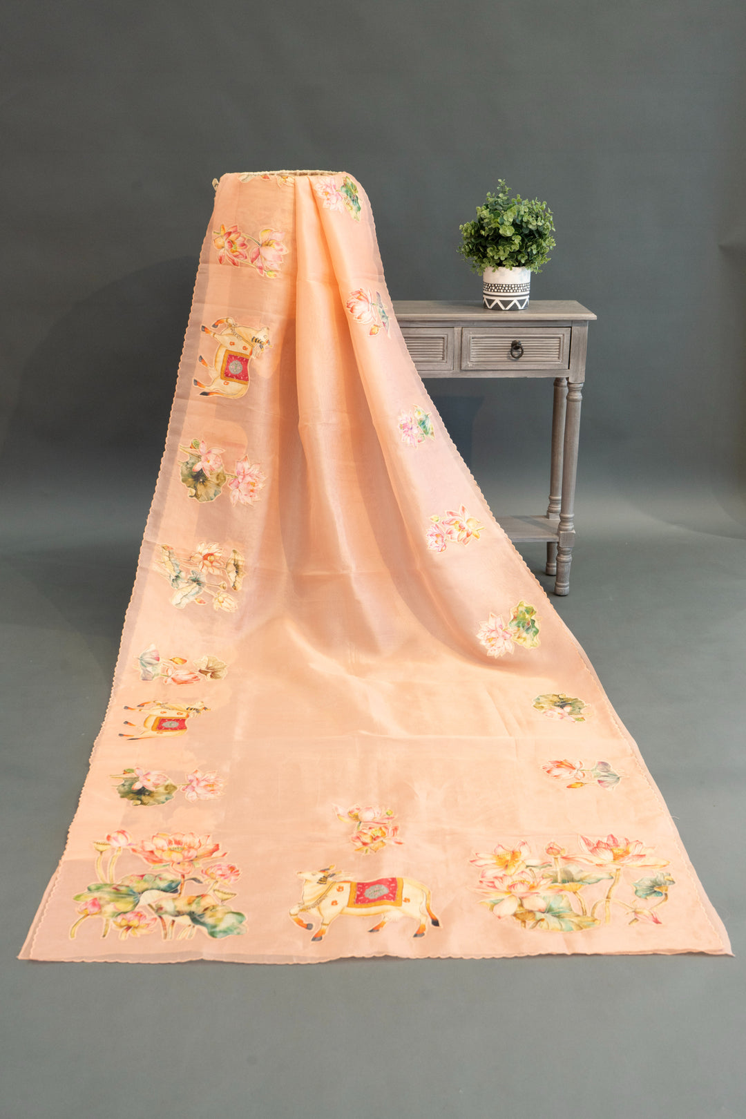 Pastel-Peach Soft Organza Saree And Blouse With Pichwai Work