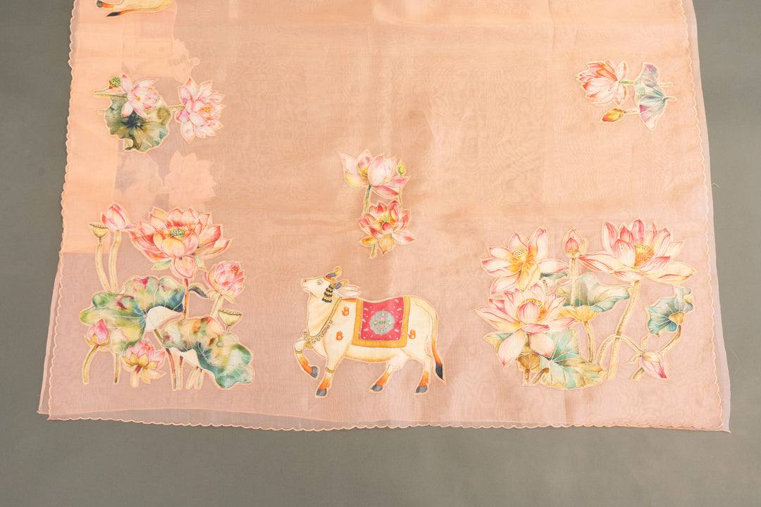 Pastel-Peach Soft Organza Saree And Blouse With Pichwai Work