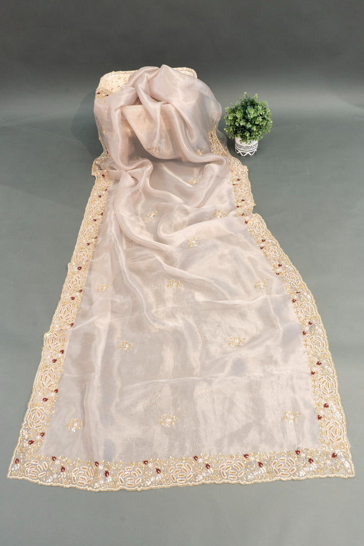 Pastel Mauve Soft Organza Saree And Blouse With Hand-Embroidery