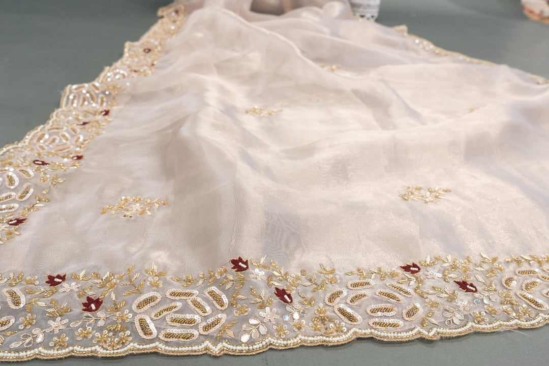 Pastel Mauve Soft Organza Saree And Blouse With Hand-Embroidery
