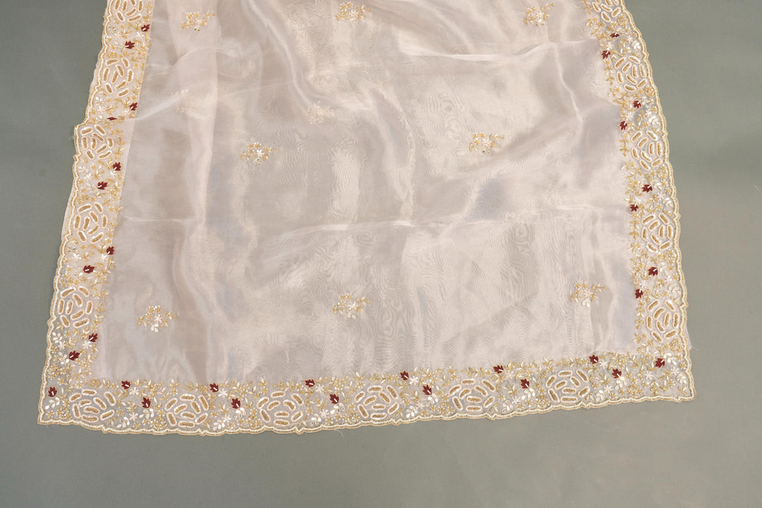 Pastel Mauve Soft Organza Saree And Blouse With Hand-Embroidery