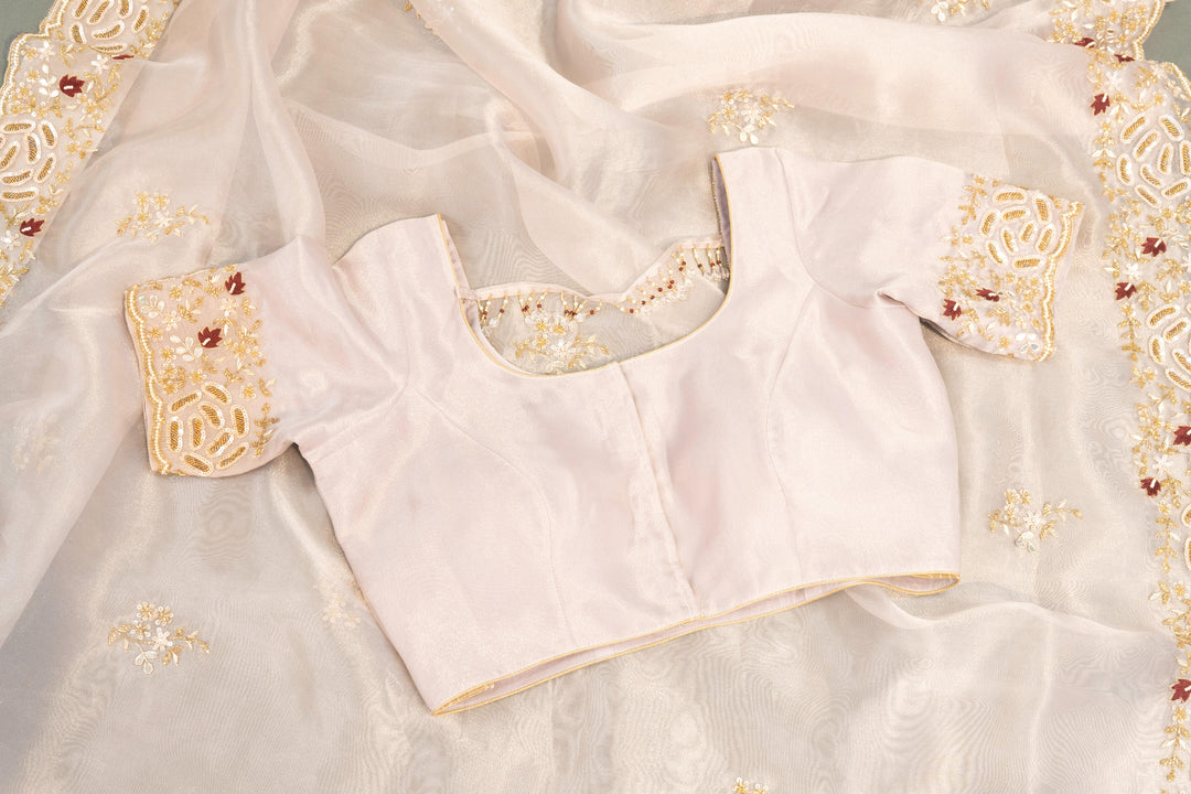Pastel Mauve Soft Organza Saree And Blouse With Hand-Embroidery