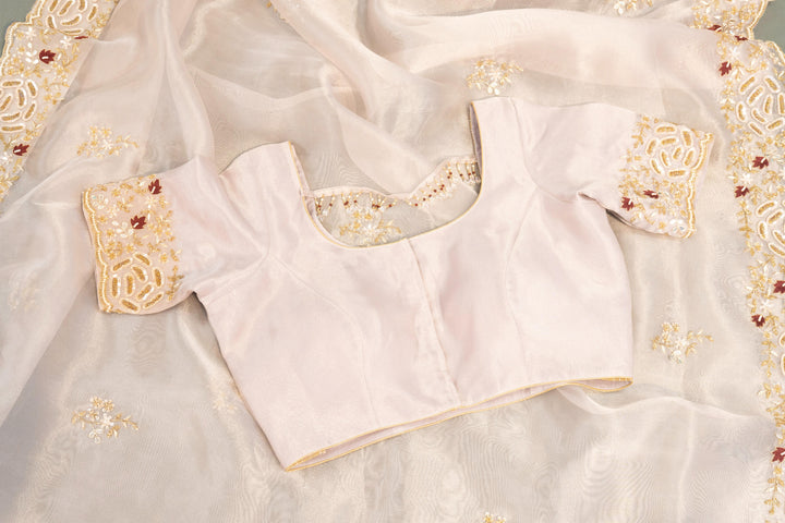 Pastel Mauve Soft Organza Saree And Blouse With Hand-Embroidery