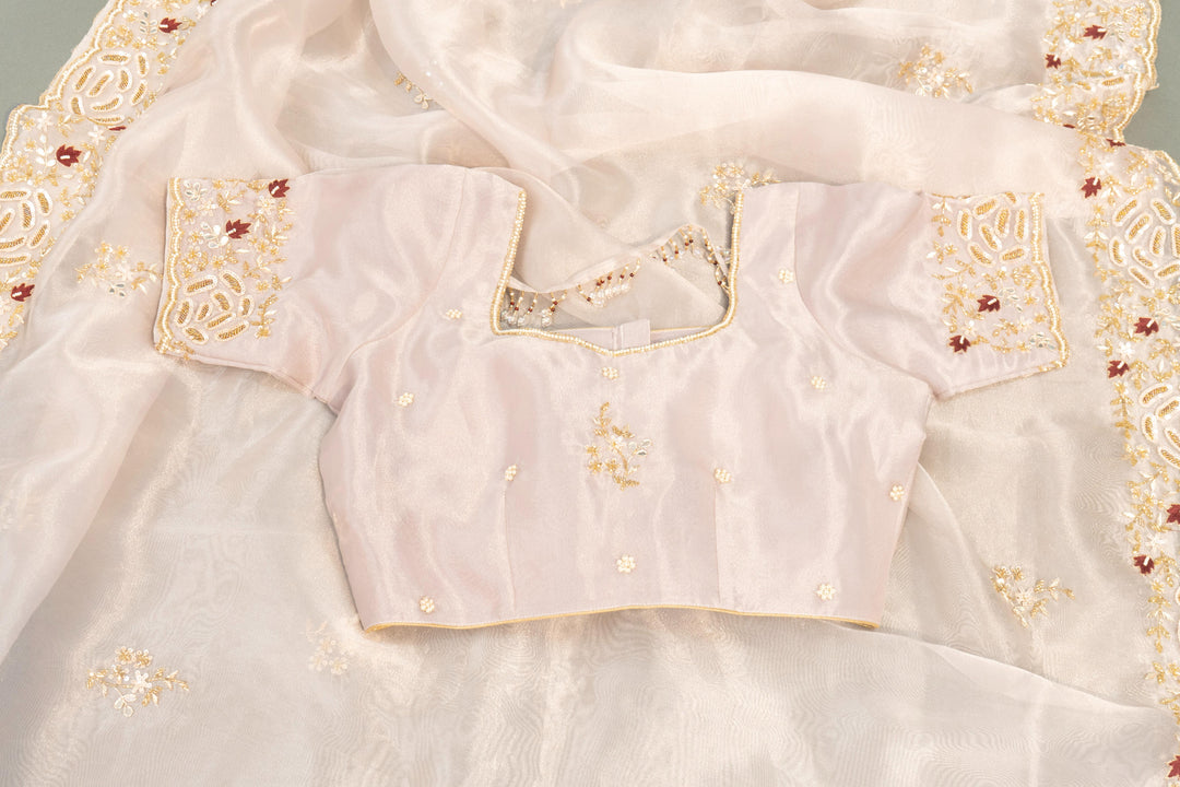 Pastel Mauve Soft Organza Saree And Blouse With Hand-Embroidery