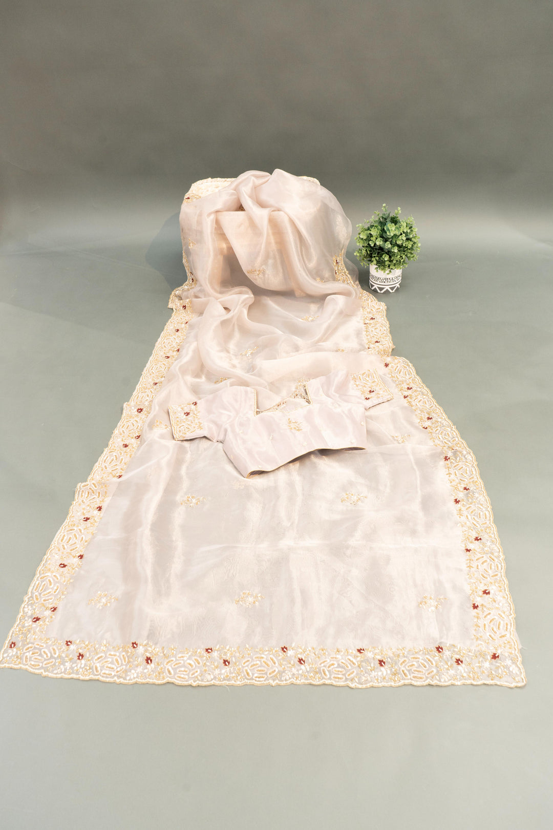 Pastel Mauve Soft Organza Saree And Blouse With Hand-Embroidery