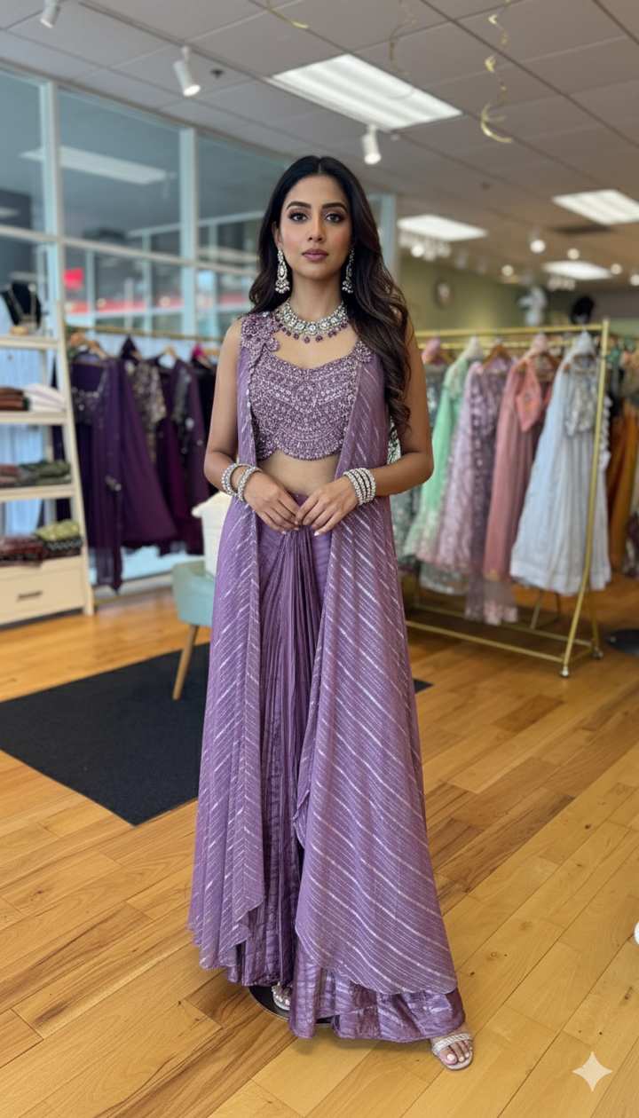 Mauve Draped Skirt With Embroidered Blouse And Cape