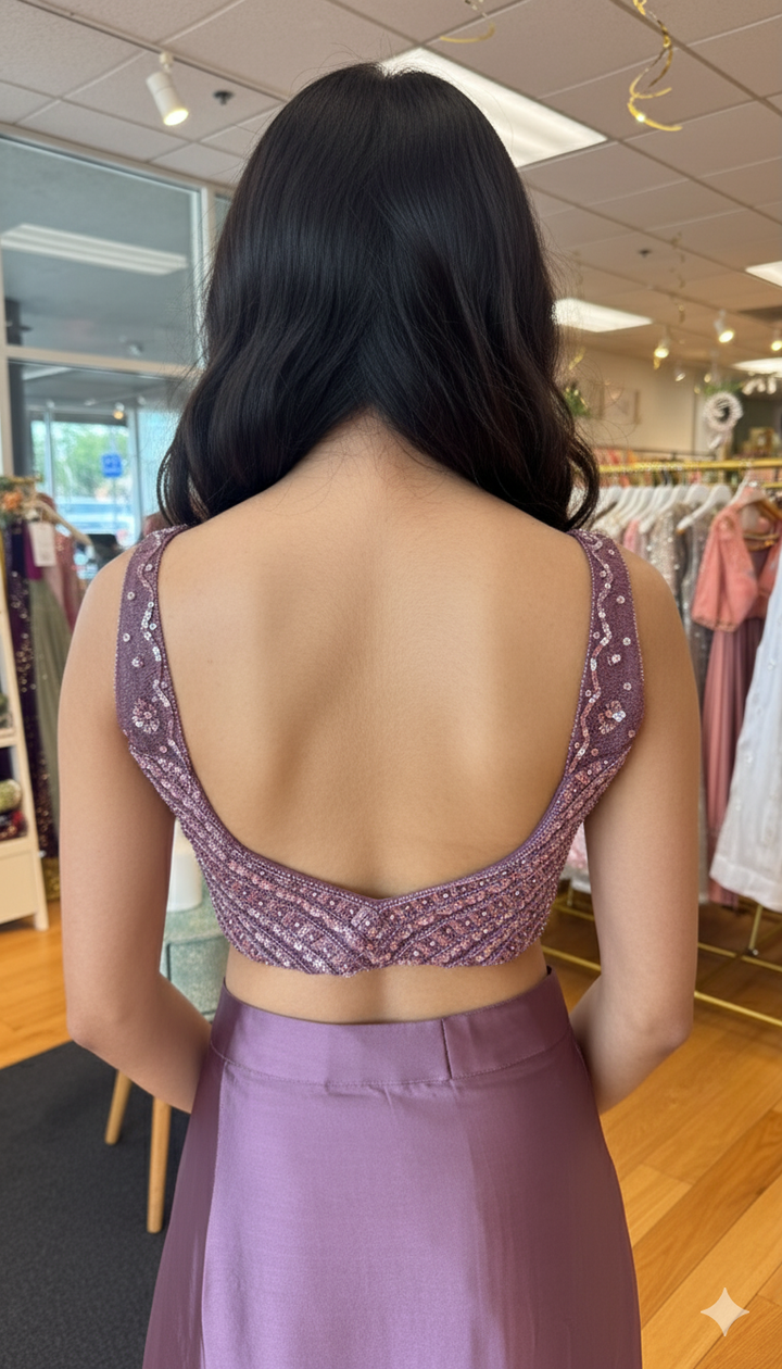 Mauve Draped Skirt With Embroidered Blouse And Cape