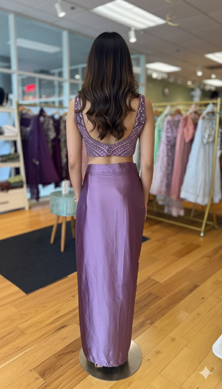 Mauve Draped Skirt With Embroidered Blouse And Cape