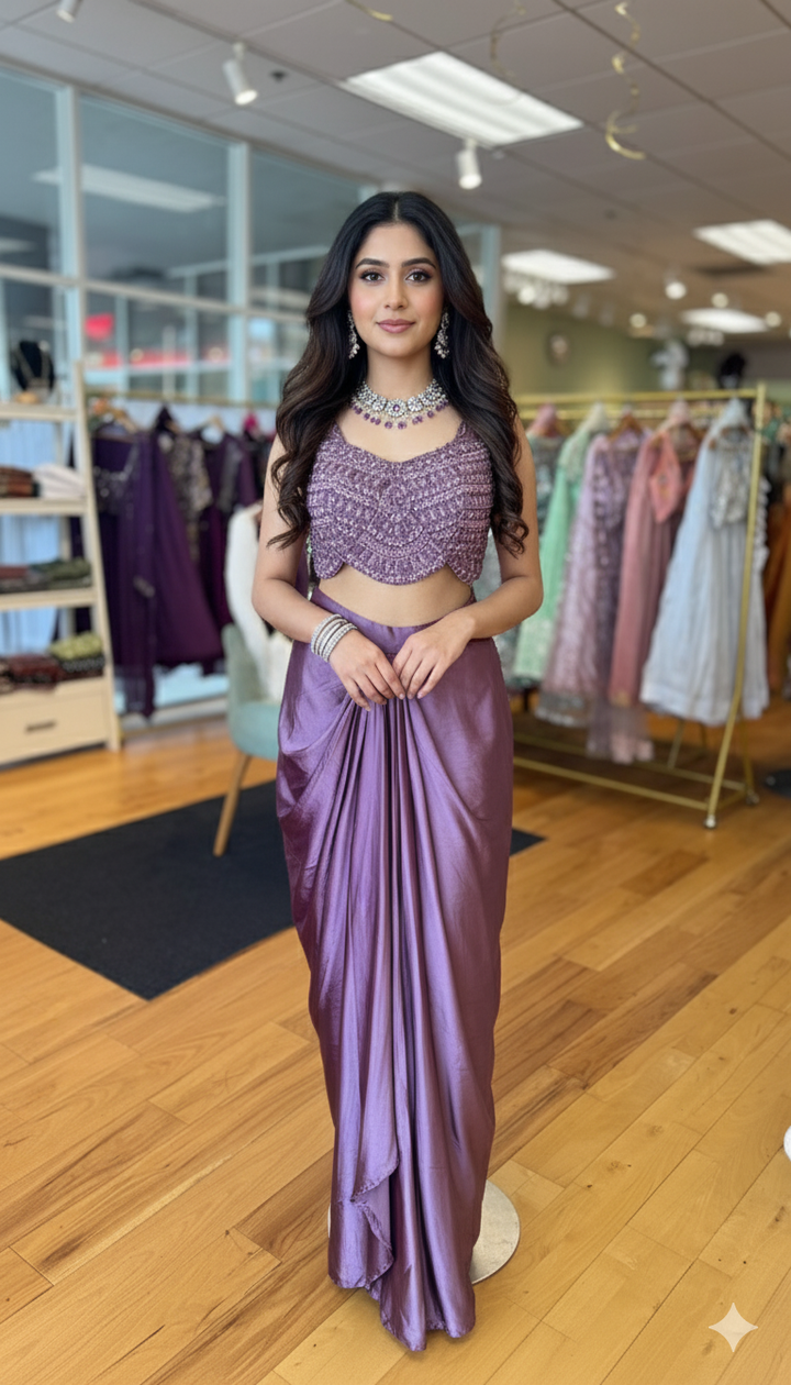 Mauve Draped Skirt With Embroidered Blouse And Cape