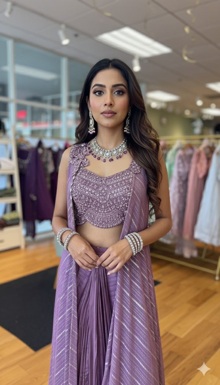 Mauve Draped Skirt With Embroidered Blouse And Cape