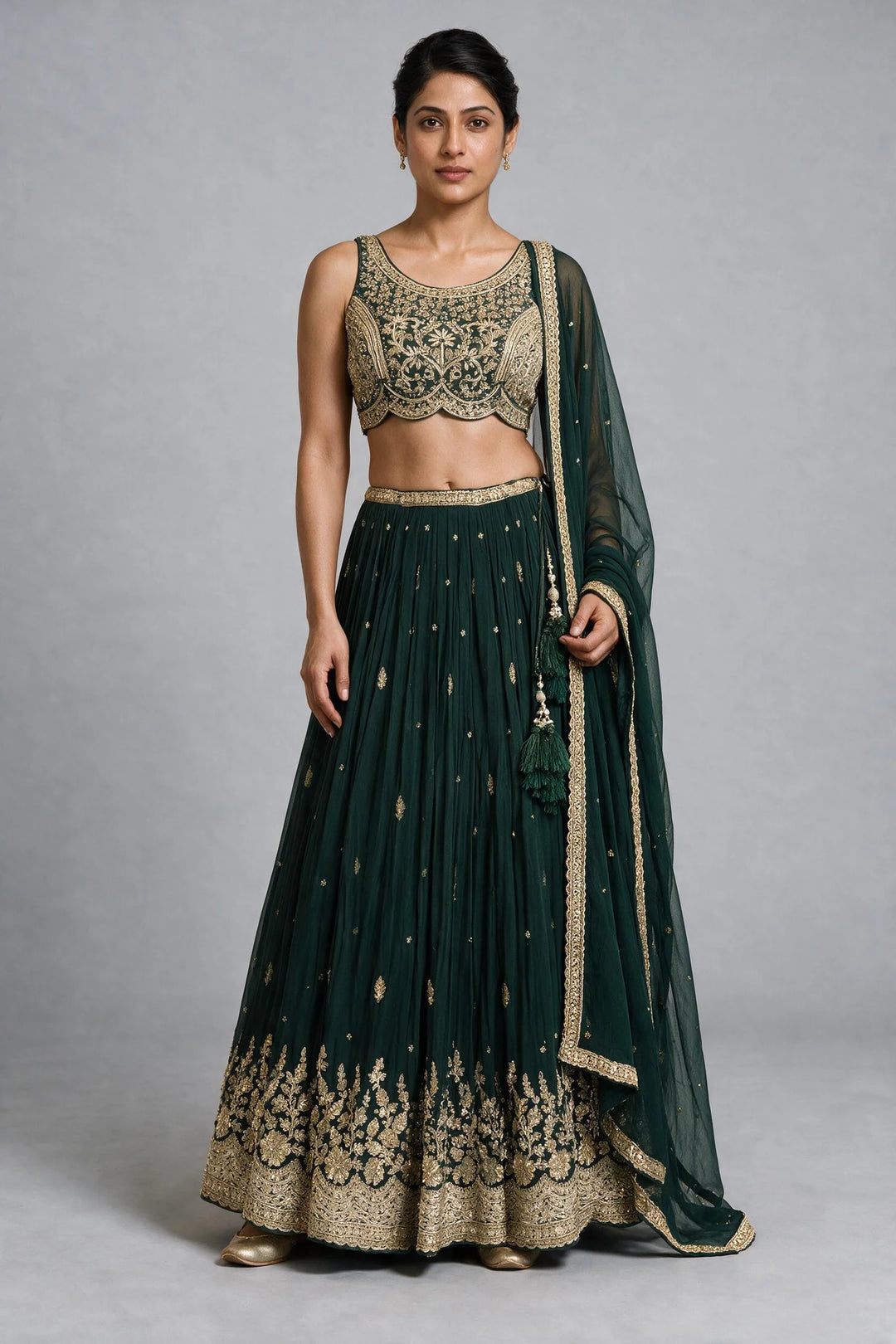 Emerald Green Silk Hand-Embroidered Zardosi Lehenga Set