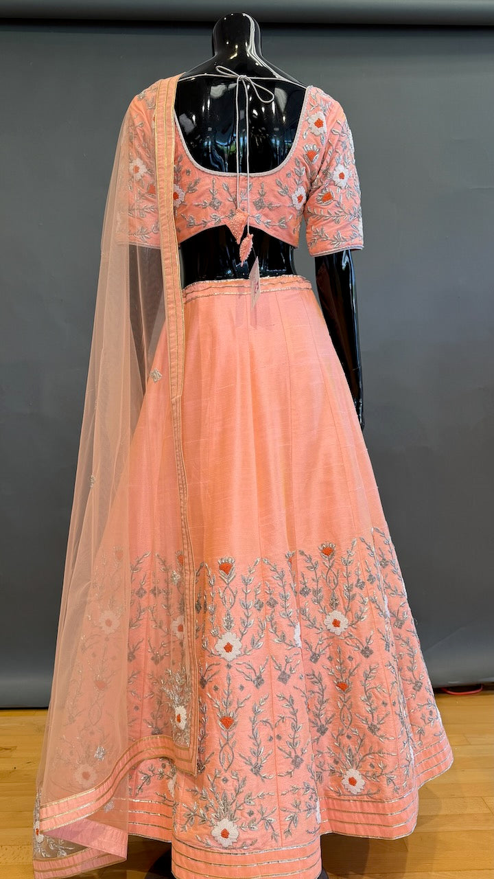 Peach Raw Silk Embroidered Lehenga Set