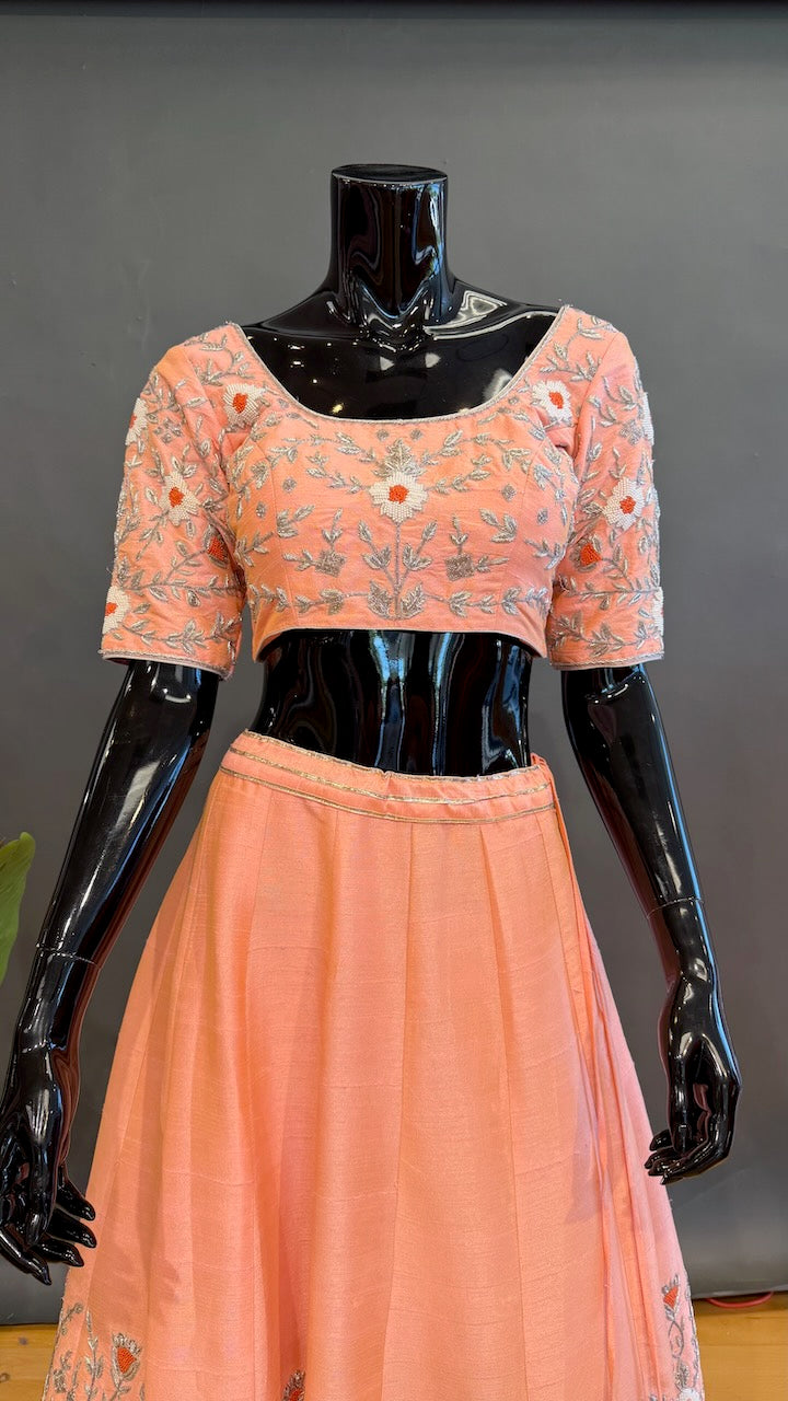 Peach Raw Silk Embroidered Lehenga Set