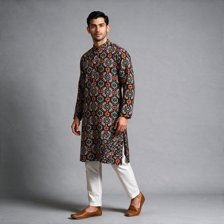 Black Patola Print Handloom Cotton Kurta