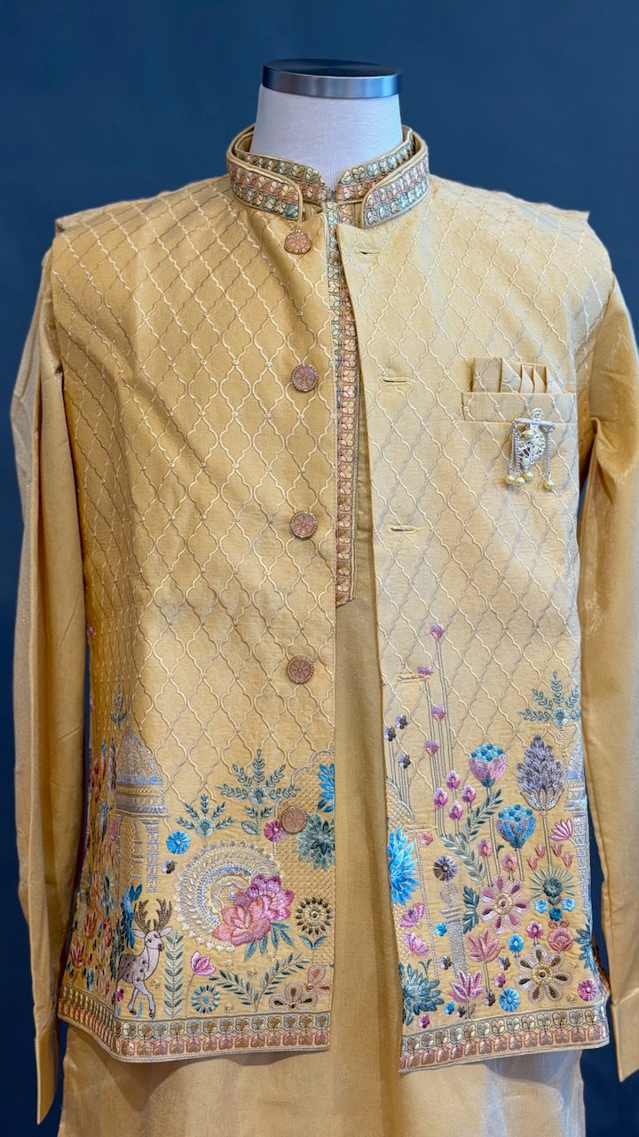 Pastel Yellow Kurta Pajama with Embroidered Jacket