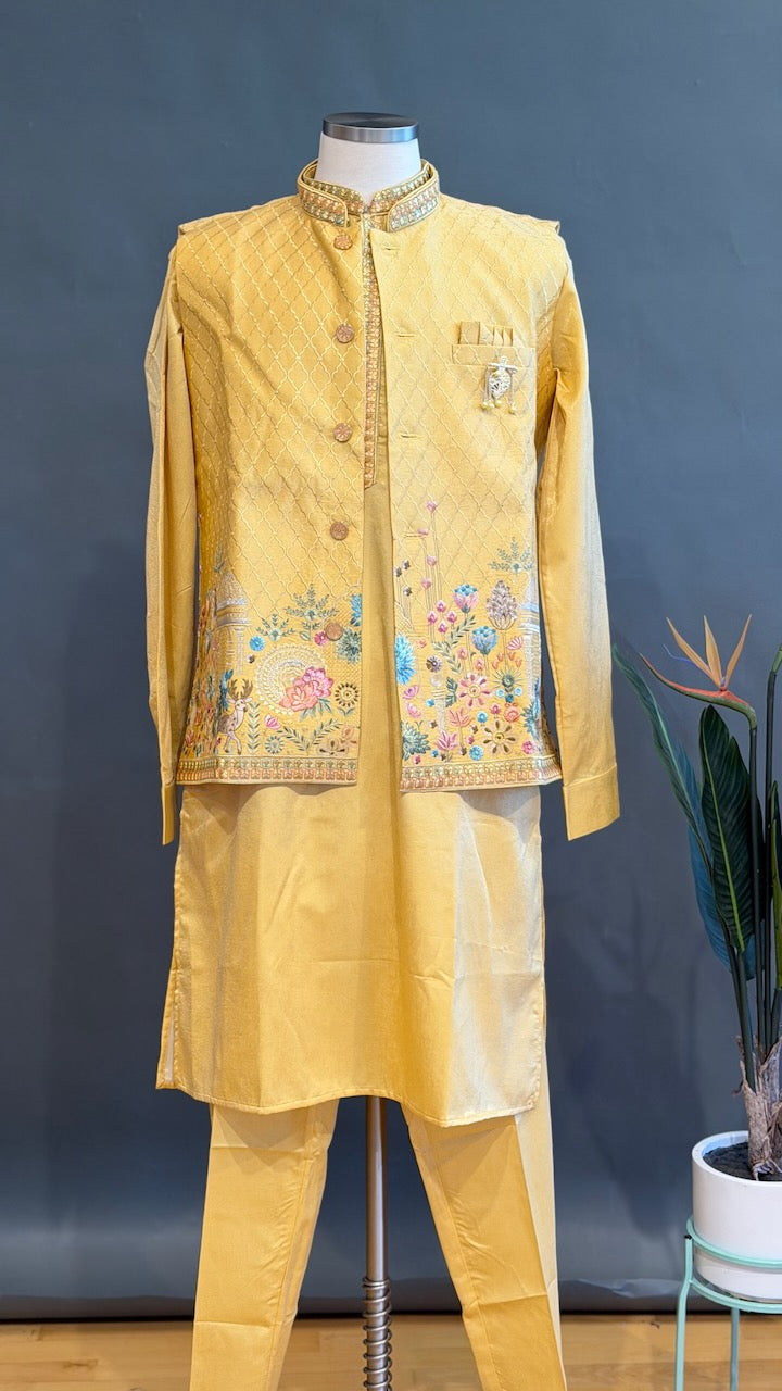 Pastel Yellow Kurta Pajama with Embroidered Jacket