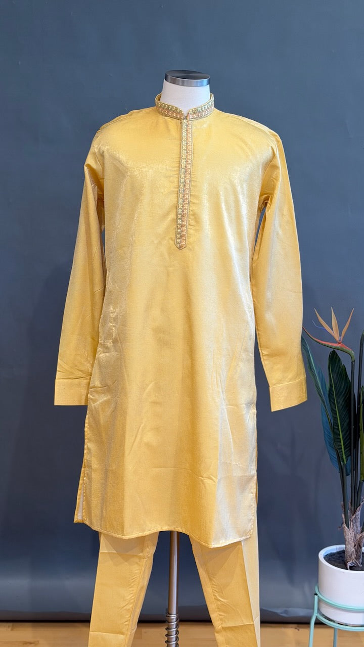 Pastel Yellow Kurta Pajama with Embroidered Jacket