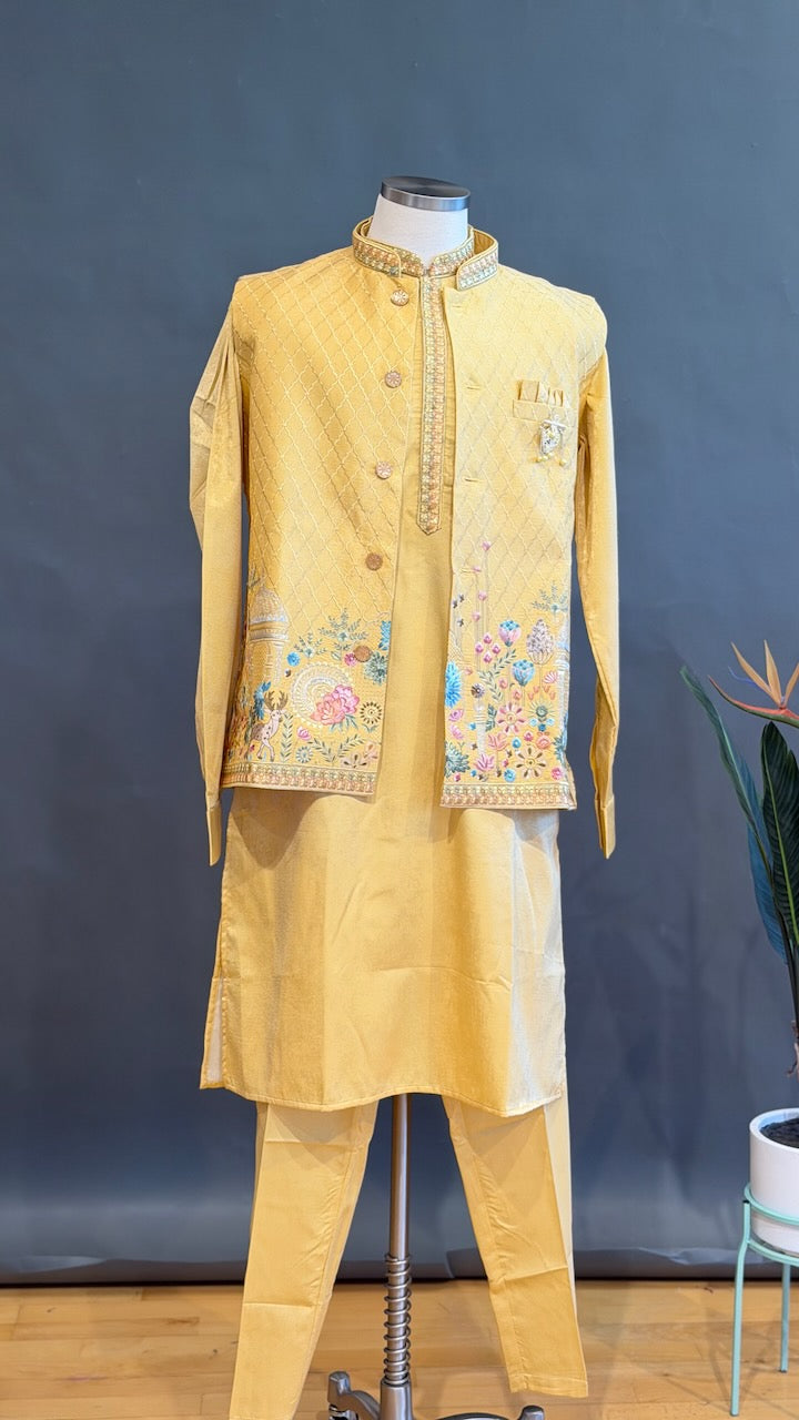 Pastel Yellow Kurta Pajama with Embroidered Jacket