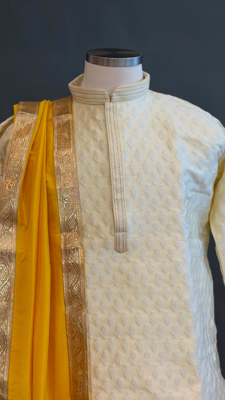 Ivory And Yellow Dhoti Set