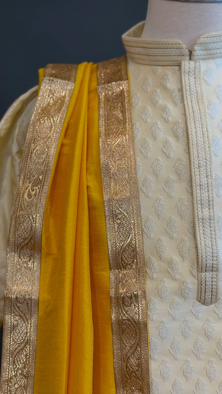 Ivory And Yellow Dhoti Set
