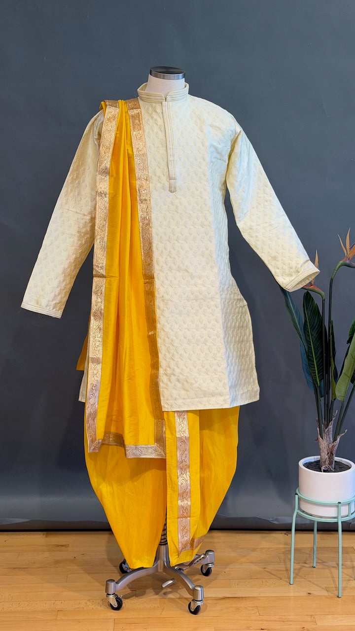Ivory And Yellow Dhoti Set