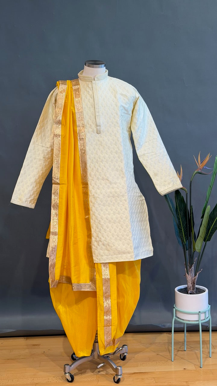 Ivory And Yellow Dhoti Set