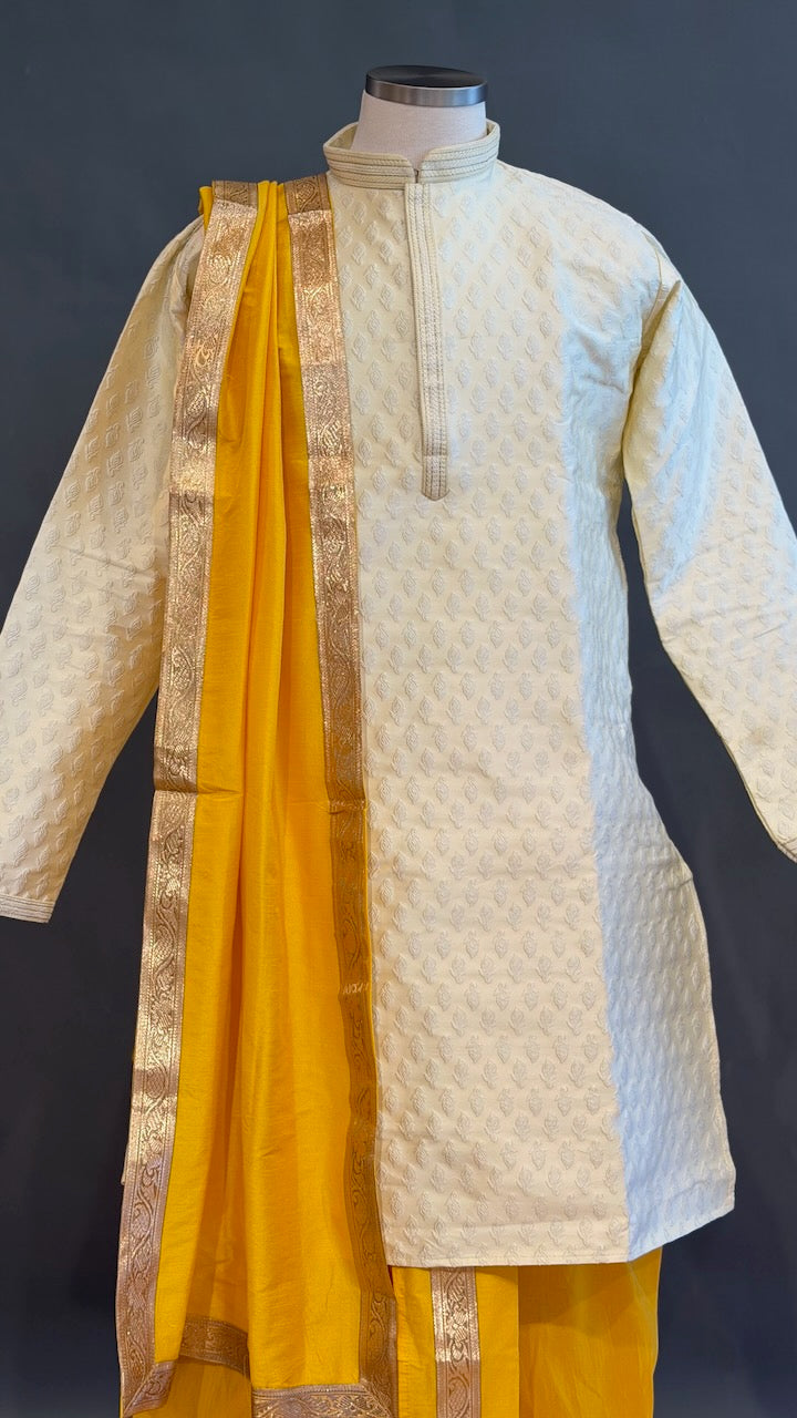 Ivory And Yellow Dhoti Set