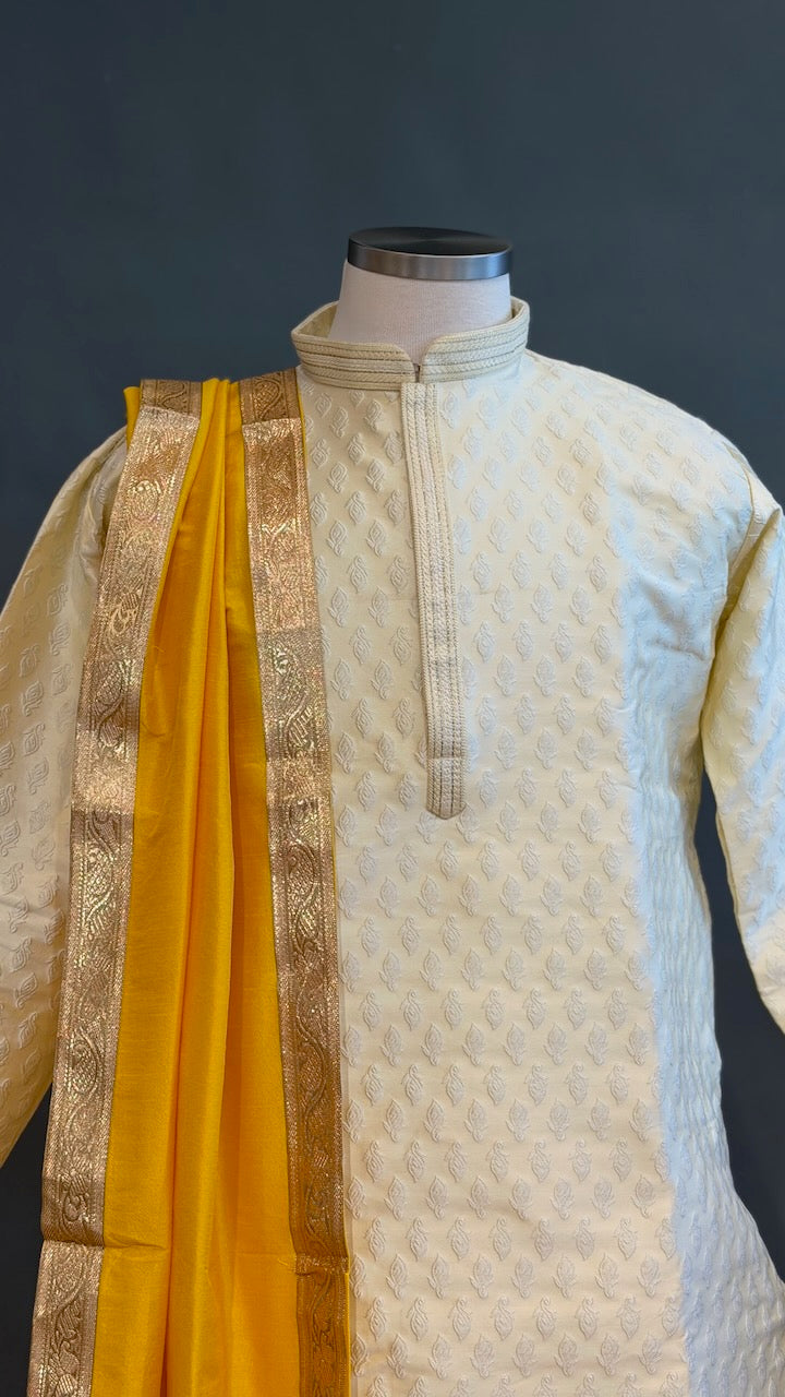 Ivory And Yellow Dhoti Set