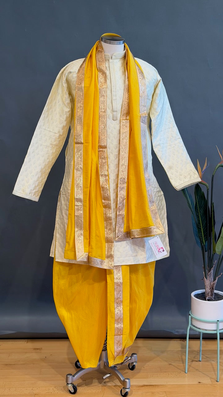 Ivory And Yellow Dhoti Set