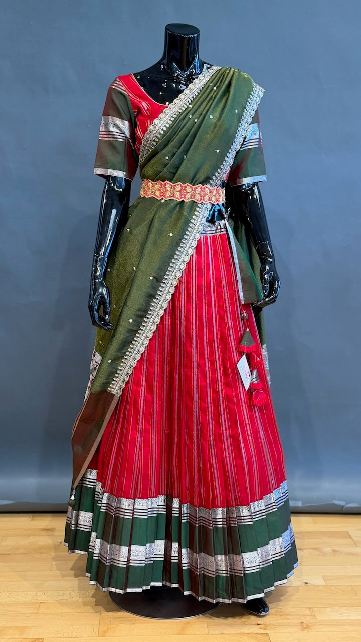 Venkatagiri Red and Green Lehenga Set