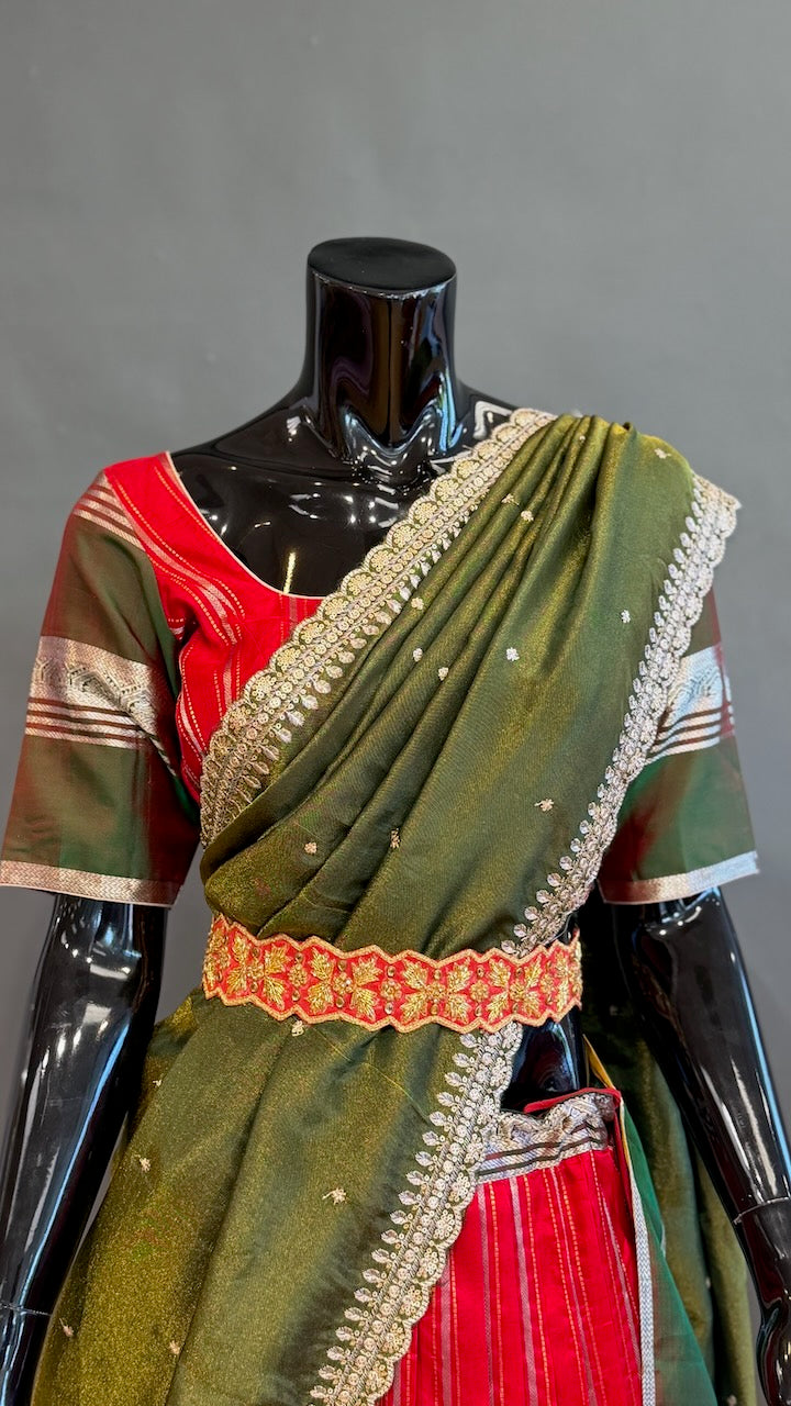 Venkatagiri Red and Green Lehenga Set