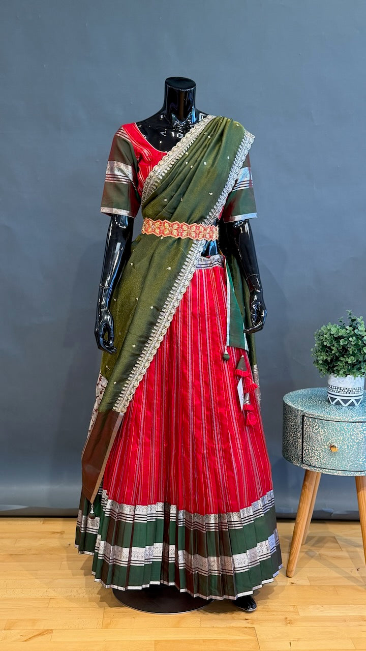 Venkatagiri Red and Green Lehenga Set