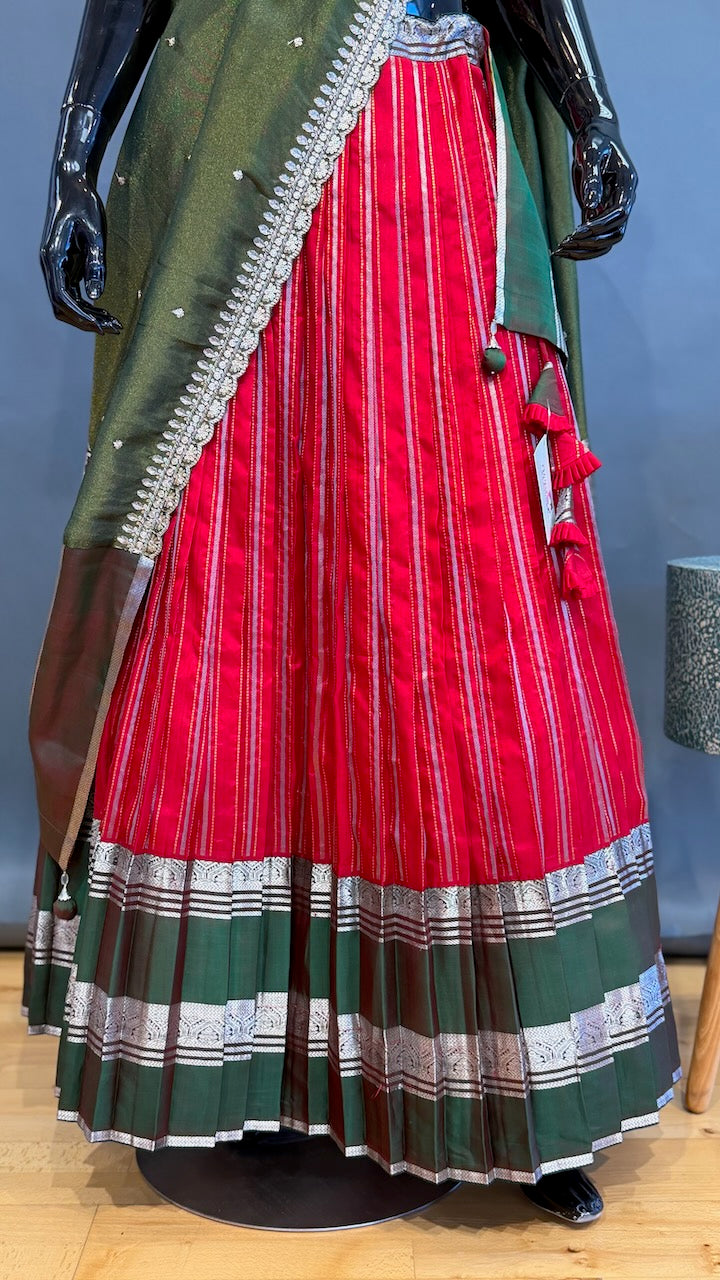 Venkatagiri Red and Green Lehenga Set
