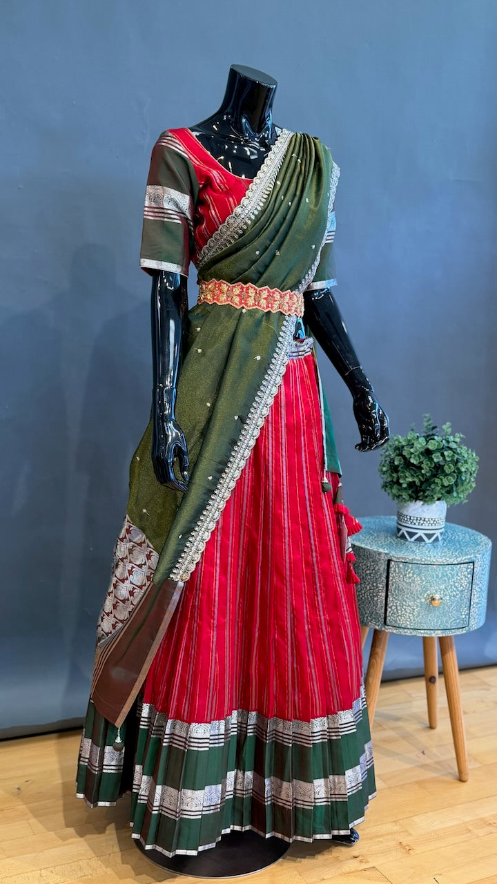 Venkatagiri Red and Green Lehenga Set