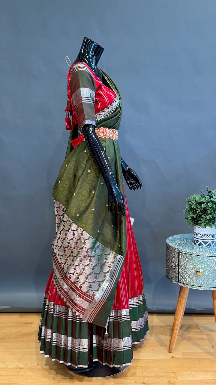 Venkatagiri Red and Green Lehenga Set