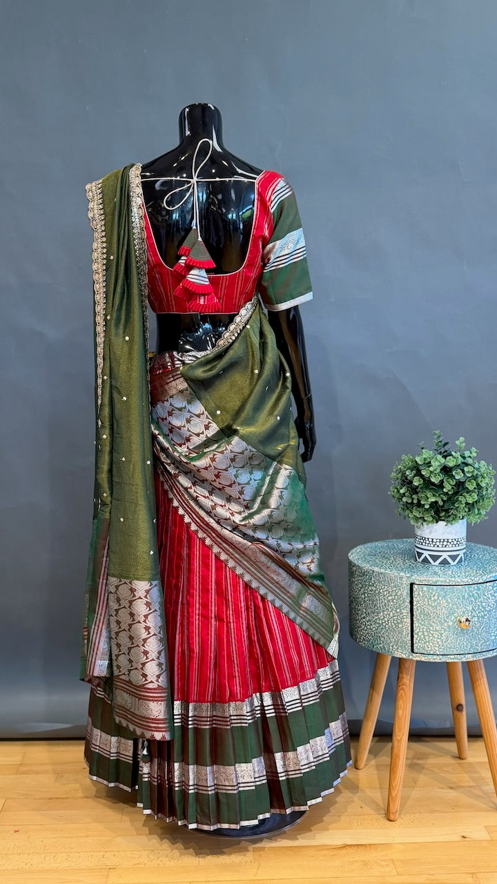 Venkatagiri Red and Green Lehenga Set