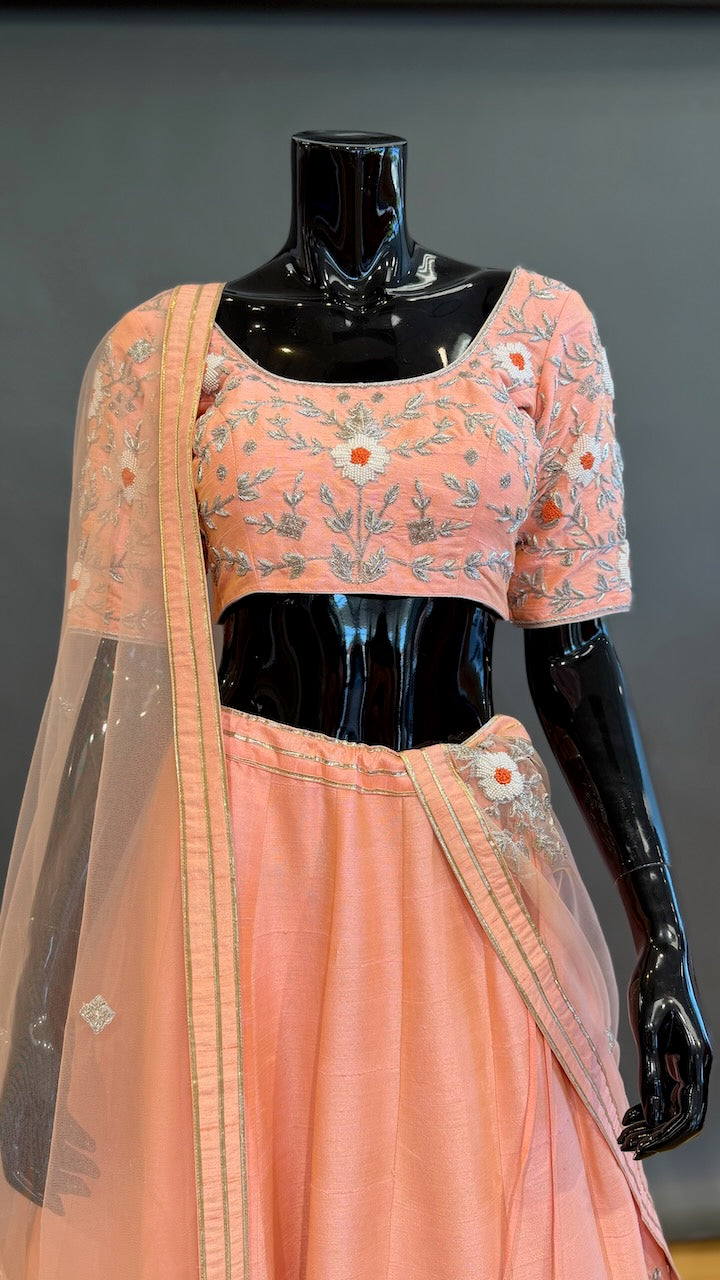 Peach Raw Silk Embroidered Lehenga Set
