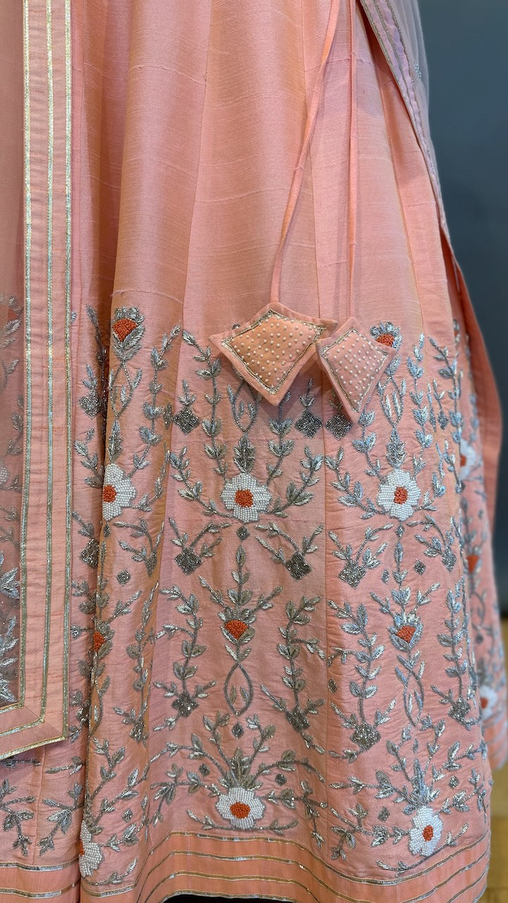 Peach Raw Silk Embroidered Lehenga Set