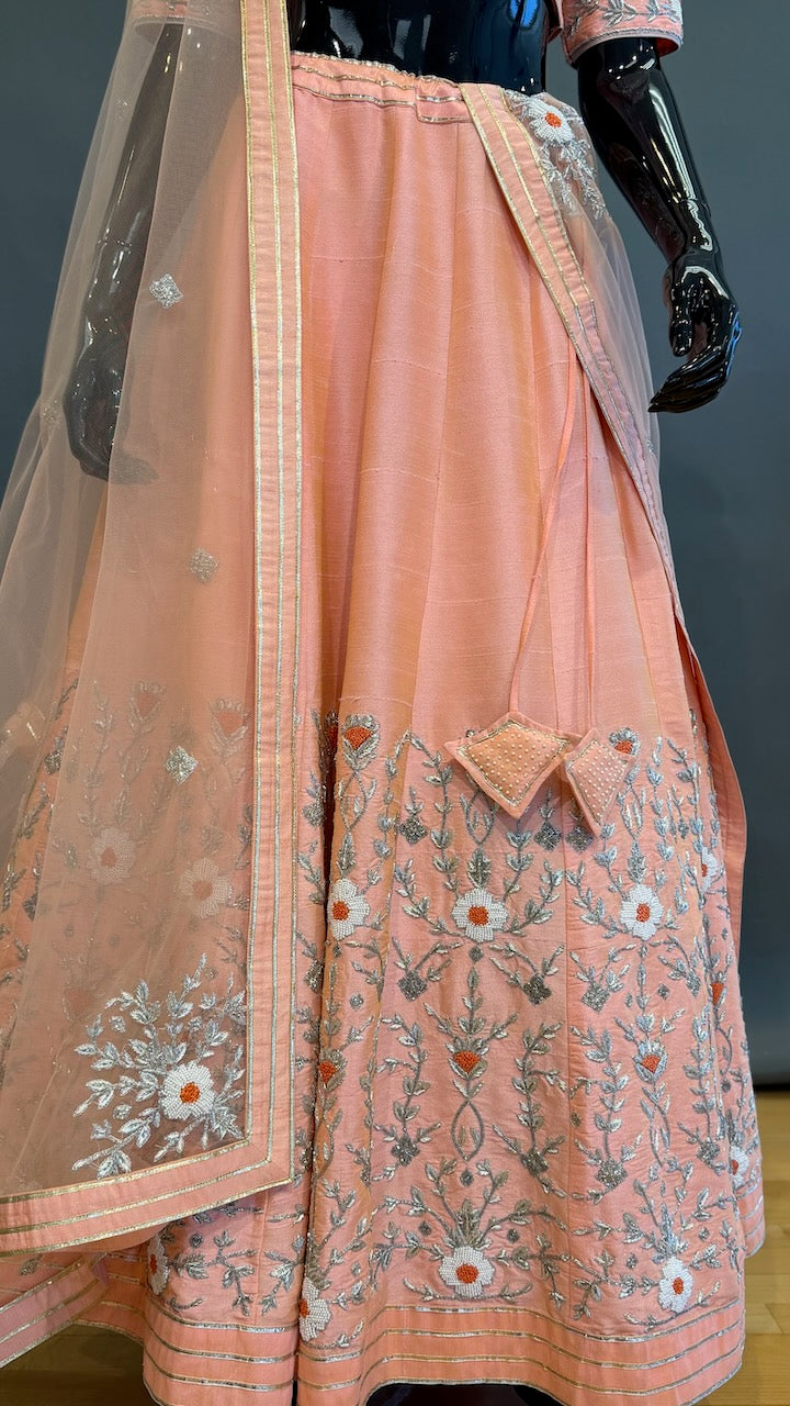 Peach Raw Silk Embroidered Lehenga Set