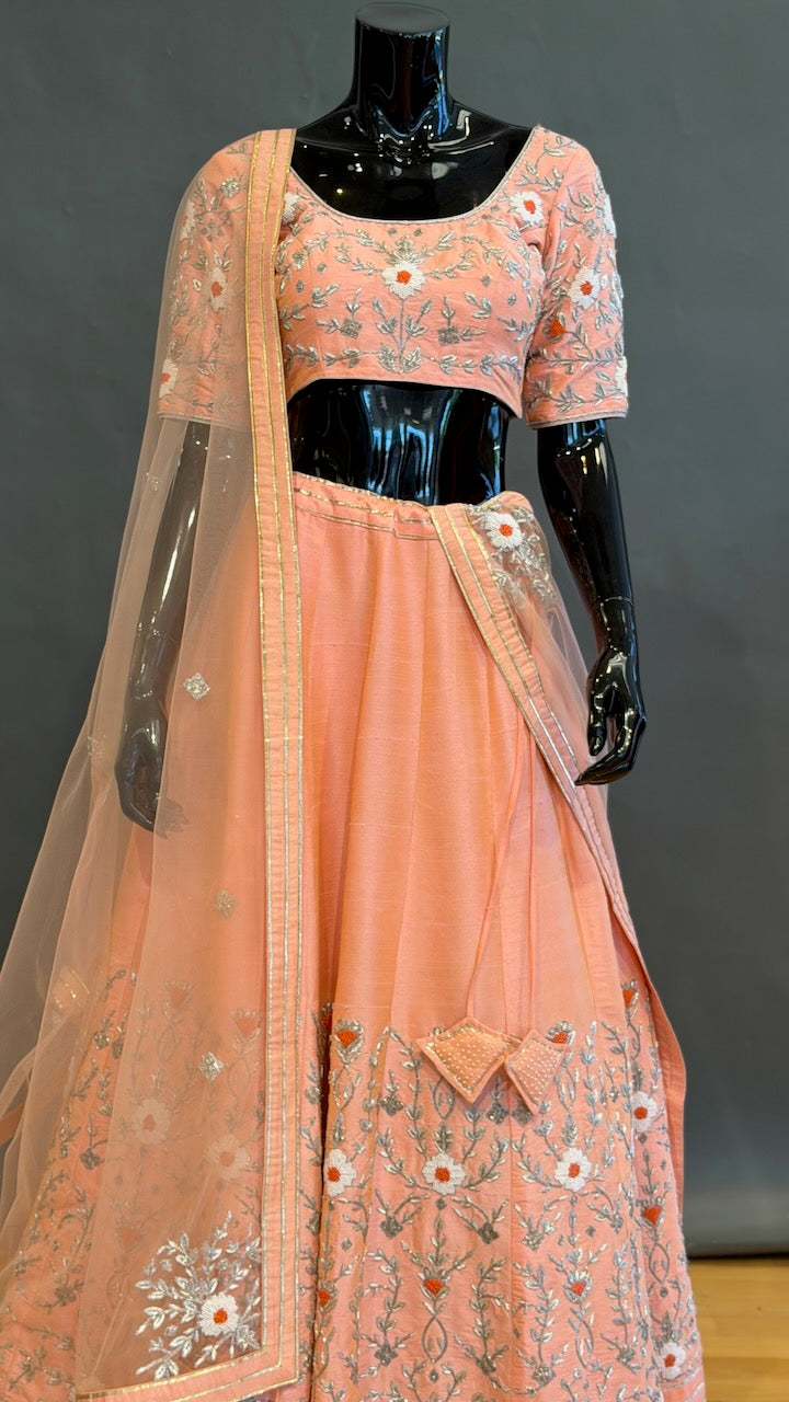 Peach Raw Silk Embroidered Lehenga Set