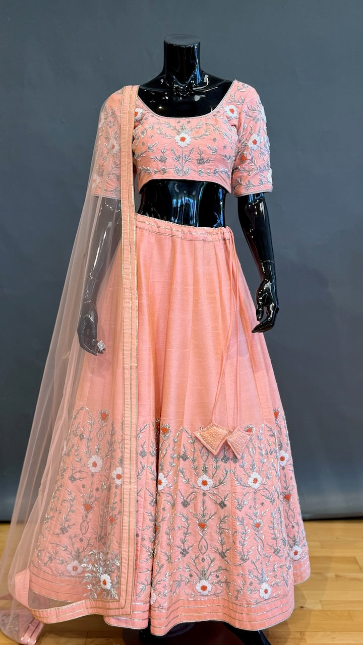 Peach Raw Silk Embroidered Lehenga Set