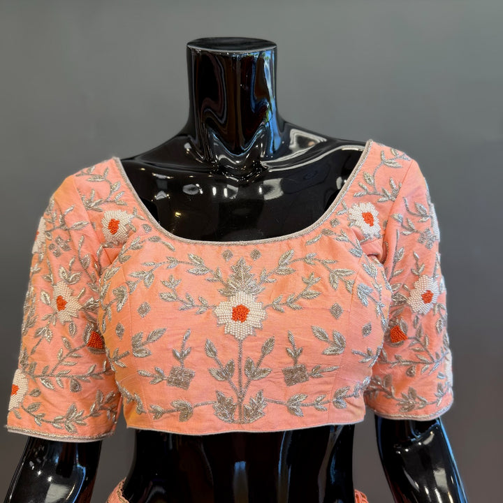 Peach Raw Silk Embroidered Lehenga Set