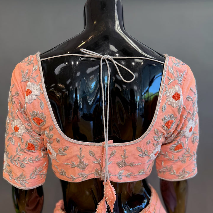 Peach Raw Silk Embroidered Lehenga Set