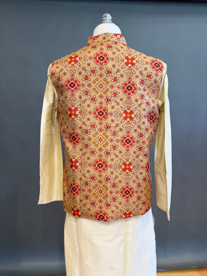 Beige Handloom Cotton Patola Vest