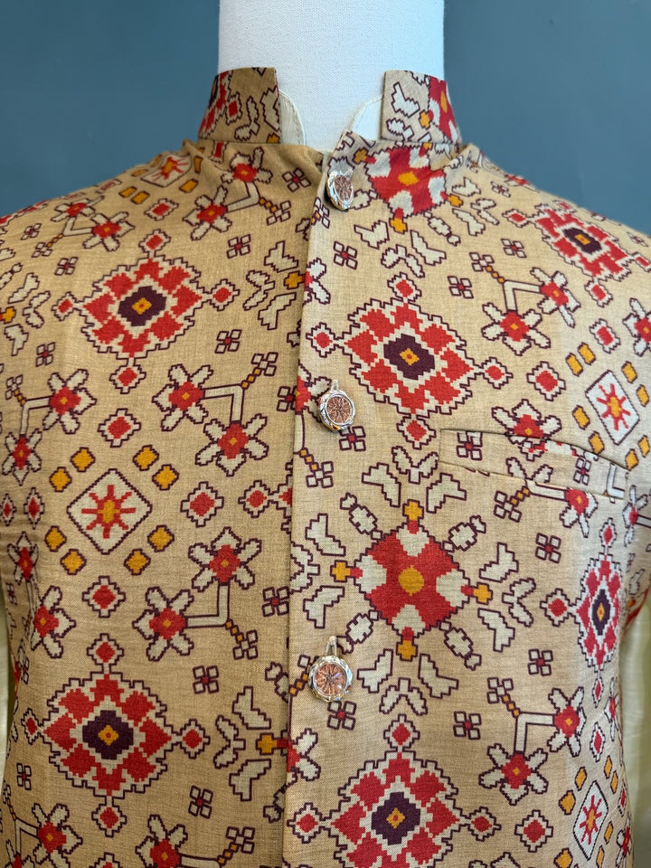 Beige Handloom Cotton Patola Vest